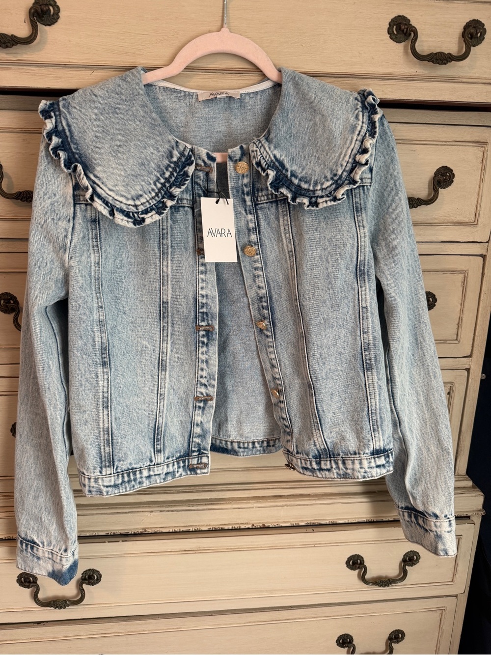 Light Wash Denim Jacket with Ruffled Peter Pan Collar